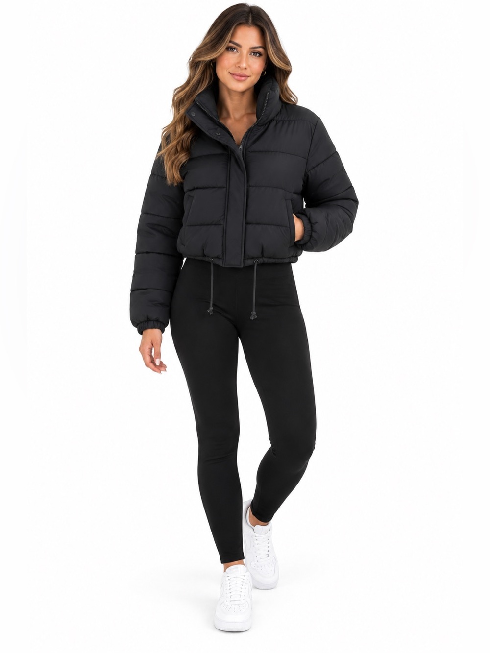 Black Cropped Puffer Jacket High Collar Drawstring Hem